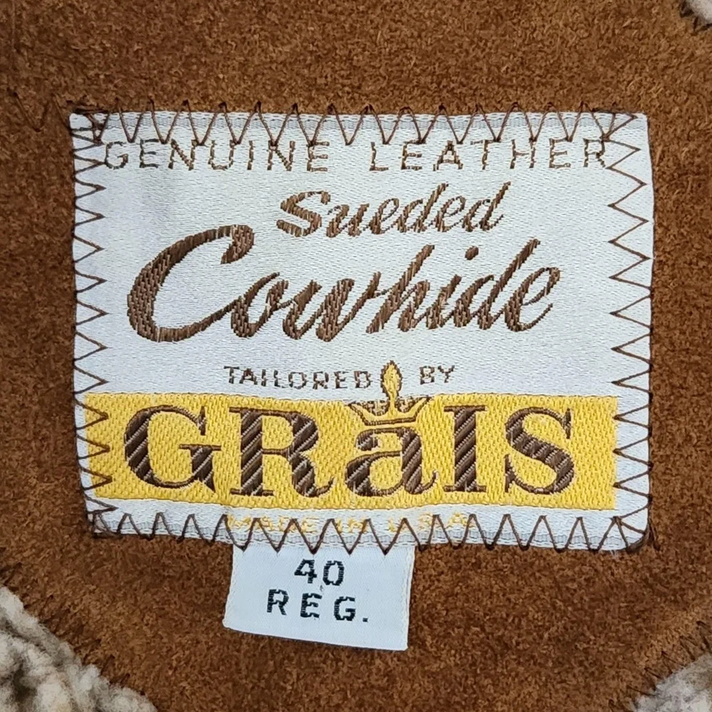 Vintage Grais Coat Mens 40 Brown Sueded Cowhide Leather Western Sherpa Lined 70s